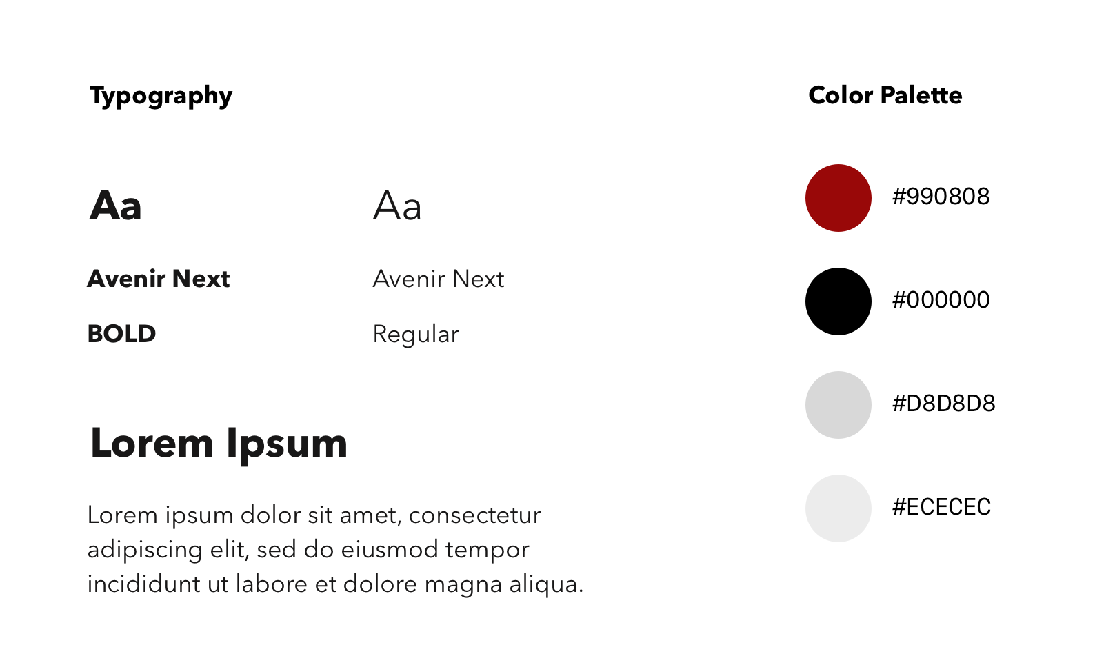 Style guide showing brand colors and typography